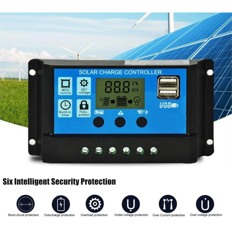 Solar-laderegler 20a Pwm 12v/24v Lcd-display, Zwei Usb-anschlüsse, Schutzsystem