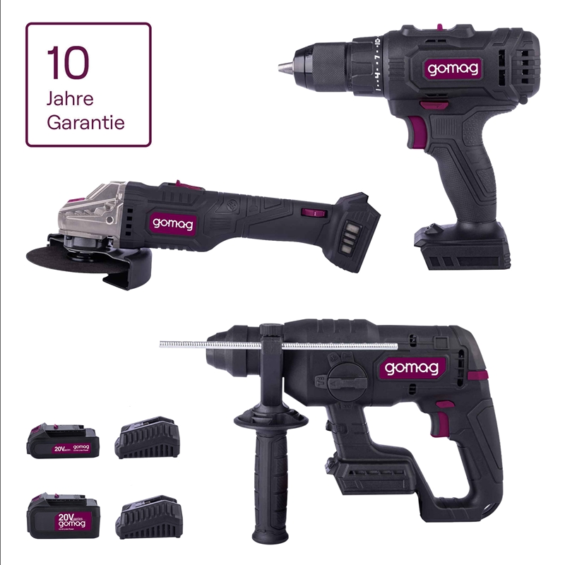Gomag 20v Set Bohrschrauber, Winkelschleifer, Bohrhammer, 2 Akkus, 2 Lader