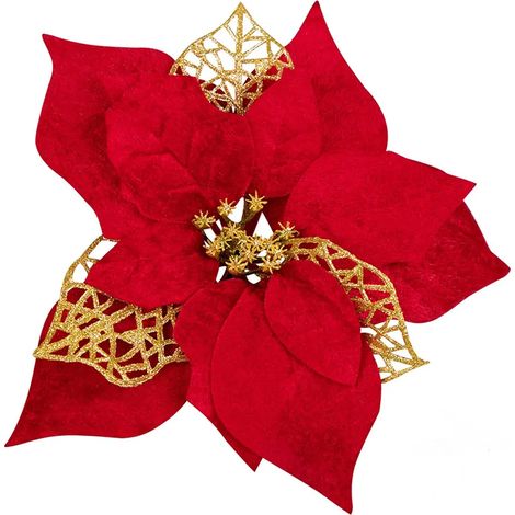 15 Pieces Christmas Glitter Artificial Poinsettia Flowers, 8.7 Inch Artificial Wedding Flowers Decorations Xmas Tree Ornaments