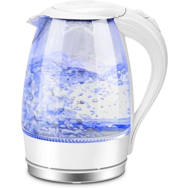 Vtizikl Bouilloire Électrique en Verre Borosilicaté avec éclairage LED Bleu, Cristal Transparente, 2200W, 1,7L, Filtre Anticalcaire,Arrêt