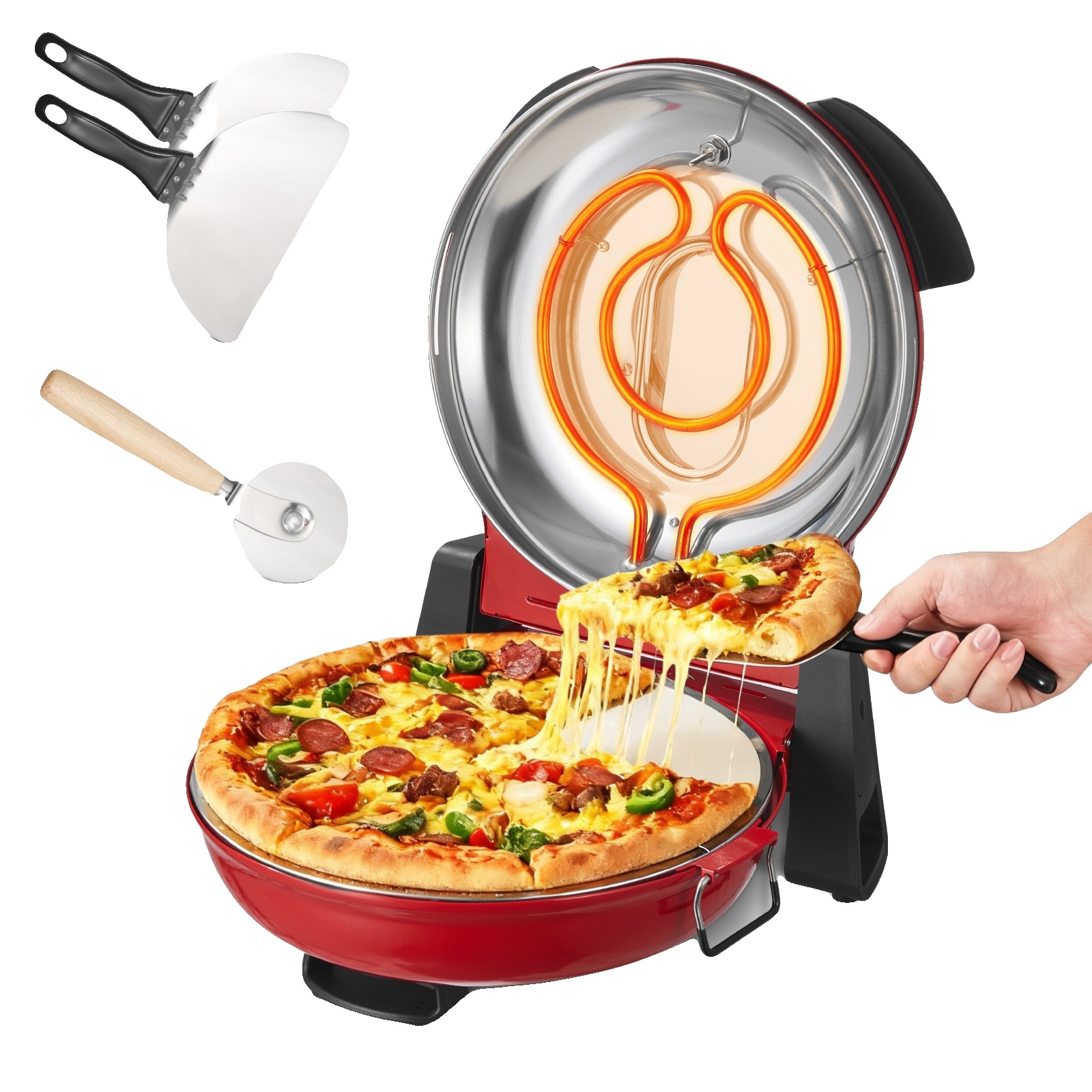 Vevor Pizzaofen, 304,8 Mm, 1200 W, Cordieritstein, 5 Betriebsmodi, Sichtfenster, Bis Zu 420 °c Heiß, Rot