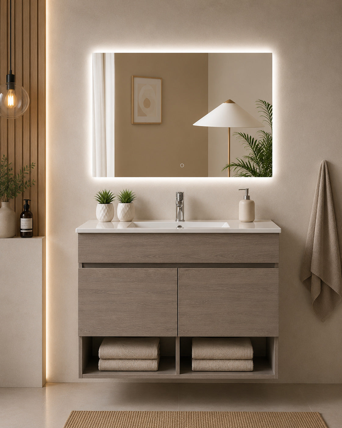 Badmöbel Hängend Mit Waschbecken Extra Flach Origenbath Nebari Mit Türen Ohne Spiegel 70x40 Cm Smoky-eiche