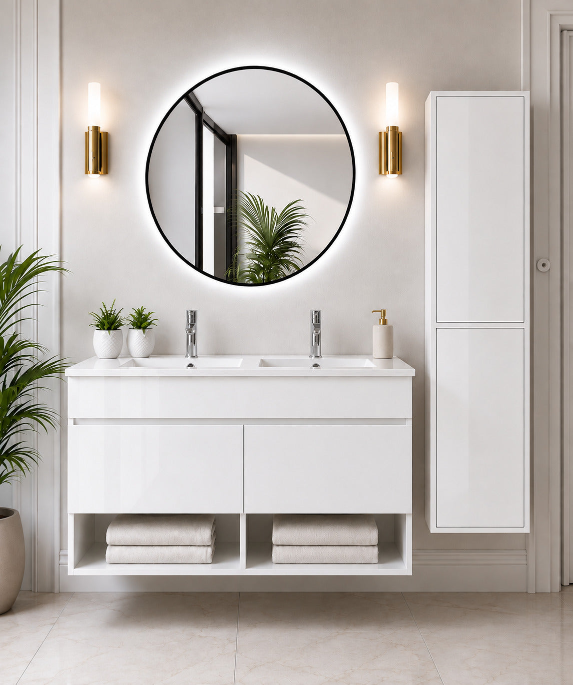 Badmöbel Hängend Mit Waschbecken Extra Flach Origenbath Nebari Mit Türen Ohne Spiegel 120x45 Cm Doppelwaschbecken Weiß Mit Säule