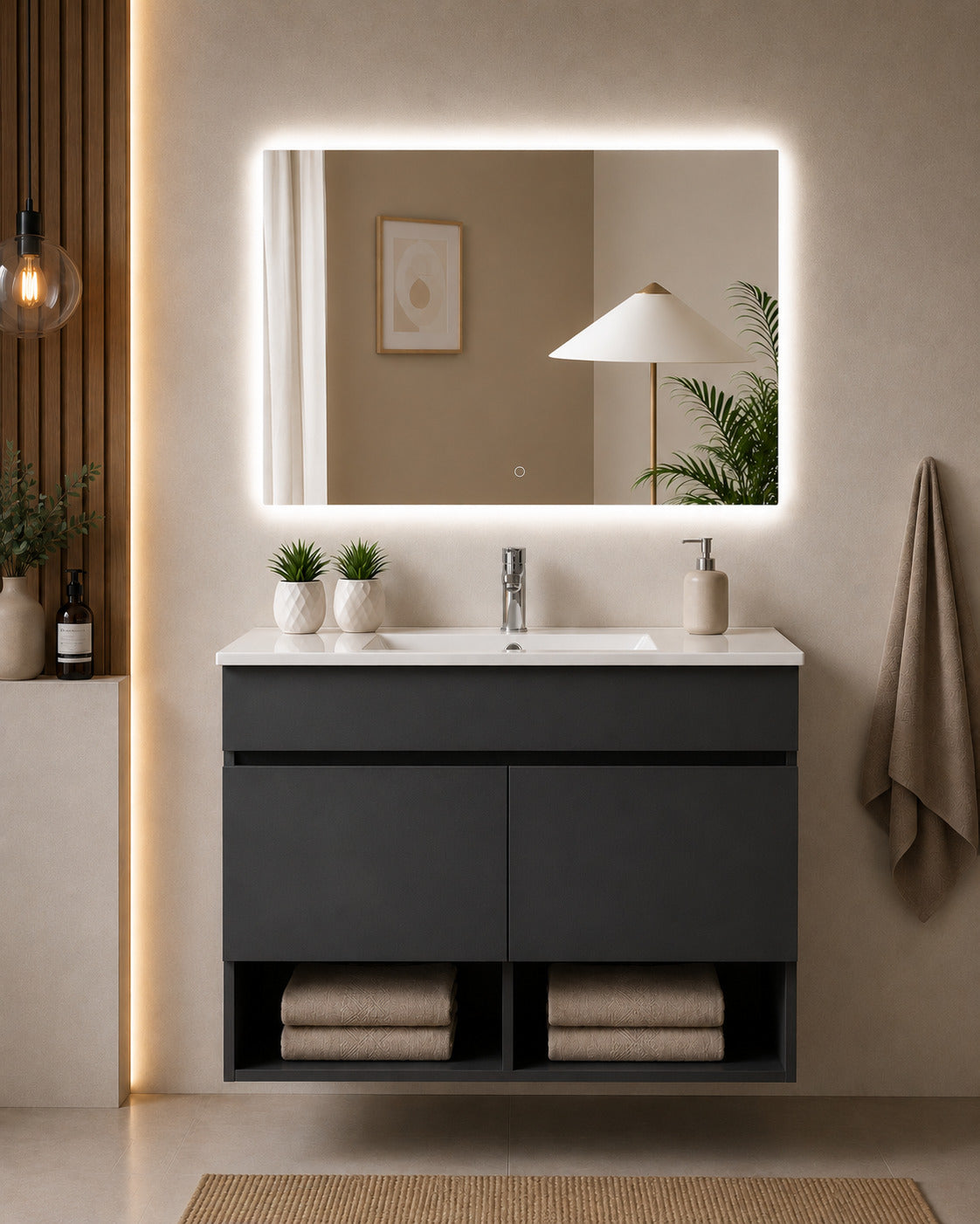 Badmöbel Hängend Mit Waschbecken Extra Flach Origenbath Nebari Mit Türen Ohne Spiegel 120x45 Cm 1 Becken Graphit