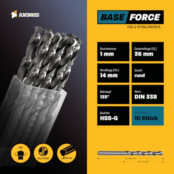 10 x HSS-G BASE Force Metallbohrer DIN 338 - Ø:1 mm