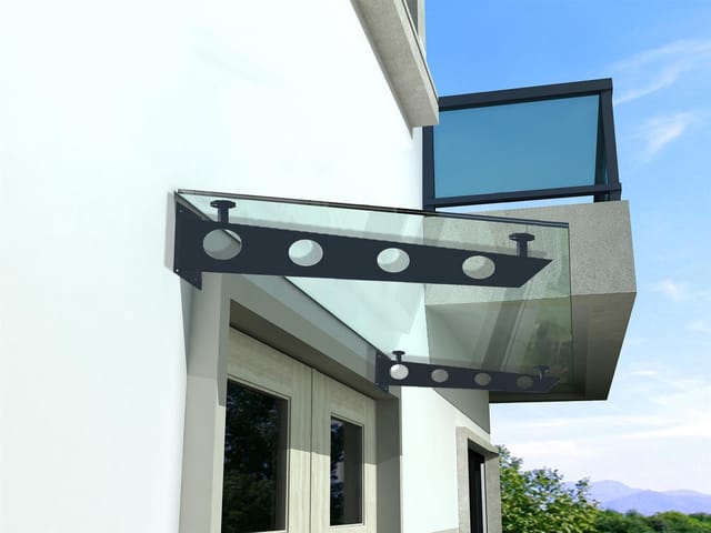 BuyLando (S) 140x90 cm Klarglas Glasvordach inkl. Edelstahlhalter in RAL 7016