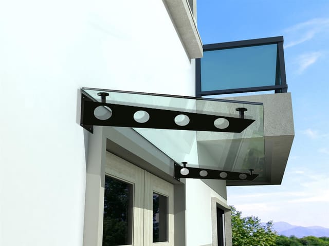 BuyLando (S) 140x90 cm Klarglas Glasvordach inkl. Edelstahlhalter in Schwarz