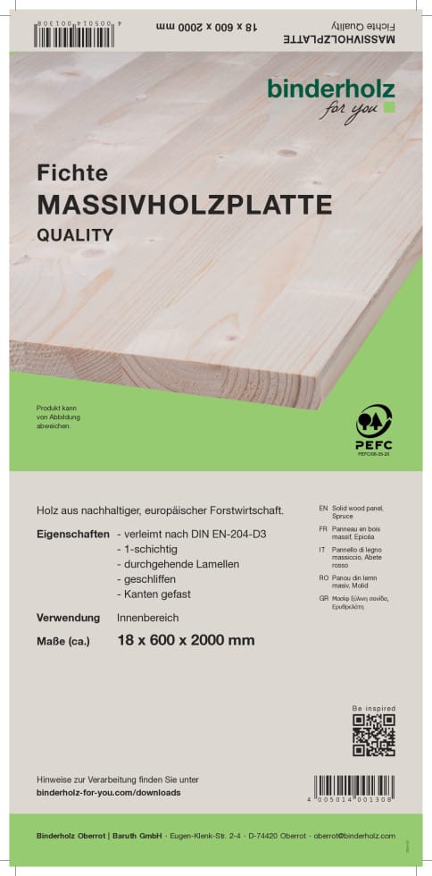 Binderholz - Massivholzplatte Fichte Oberfläche geschliffen Kanten gefast 2000 x 600 x 18 mm