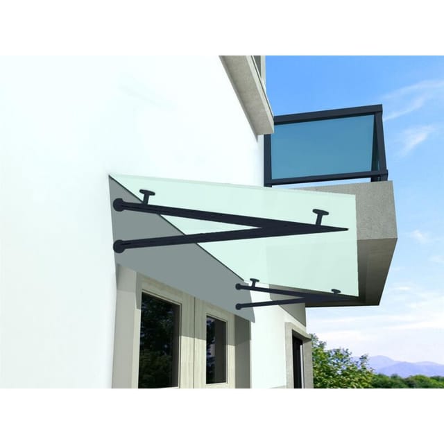 Buylando - v) 200x90 cm Milchglas Glasvordach inkl. Edelstahlhalter ral 7016
