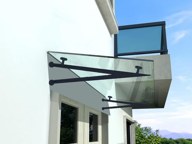 Glaswerk Westfalen - (V) 120x90 cm Klarglas Glasvordach inkl. Halter in RAL 7016