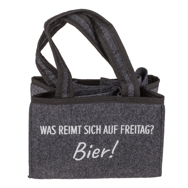 Flaschentasche aus Filz mit 6 Fächern "Was reimt sich auf Freitag? Bier!