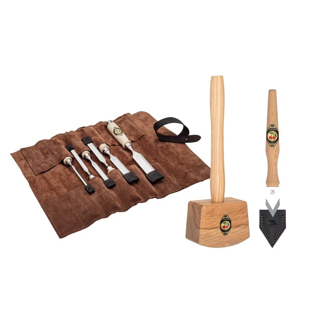 KIRSCHEN WOODWORKER Essentials Set 2 - Stechbeitelsatz 6-10-12-16-20-26 mm in Ledertasche + Holzhammer + Anreißmesser 1821000 | Gravur möglich