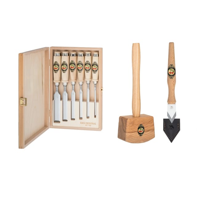 KIRSCHEN WOODWORKER Essentials Set 1 - Stechbeitelsatz 6-10-12-16-20-26 mm in Holzkasten + Holzhammer + Anreißmesser 1811000 | Gravur möglich