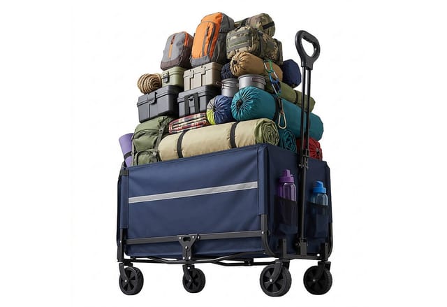 Relaxdays Bollerwagen, Faltbar, 150 Kg, Teleskopgriff, Heckklappe, Regenplane, Transportwagen Einkauf, Camping, Blau