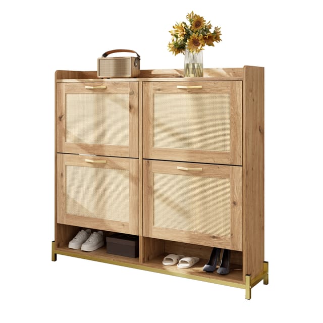 Eleganter Schuhschrank Aus Holz Mit Rattantüren, 4 Türen, Metallrahmen Und Oberem Regal Für Eine Stilvolle Und Ordentliche Aufbewahrung