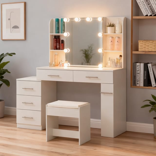 Schminktisch / Frisiertisch / Kosmetiktisch Mit Spiegel, Schublade Und Led-beleuchtung