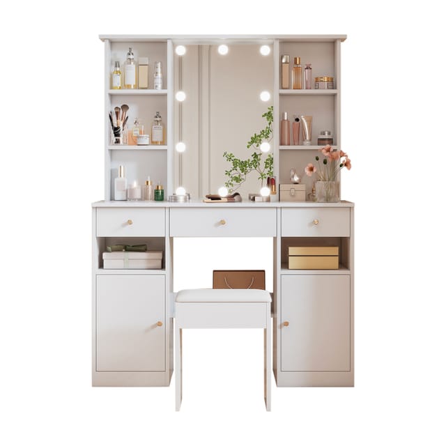 Großer Schminktisch Mit Verstellbarer Led-beleuchtung, Spiegel Und Hocker, 3 Schubladen Und 2 Türen, Weiß, H151 X B110 X T40 Cm