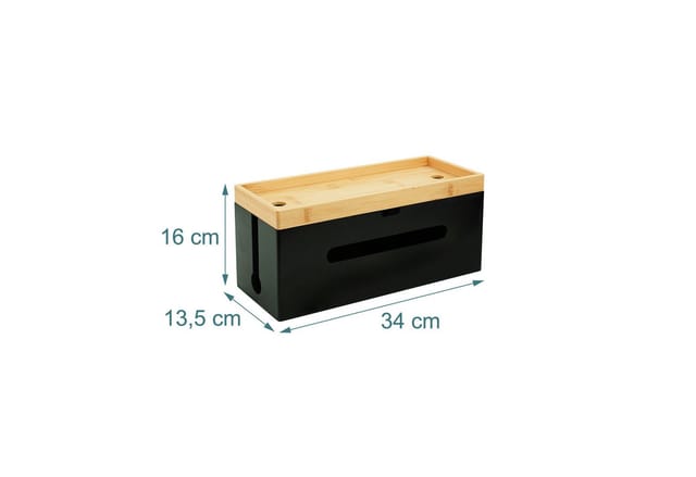 Relaxdays Kabelbox Bambus, Hbt 16x34x13,5 Cm, Für 6fach Steckdose, Kabelversteck M. Deckel & Kabelbindern, Natur/schwarz