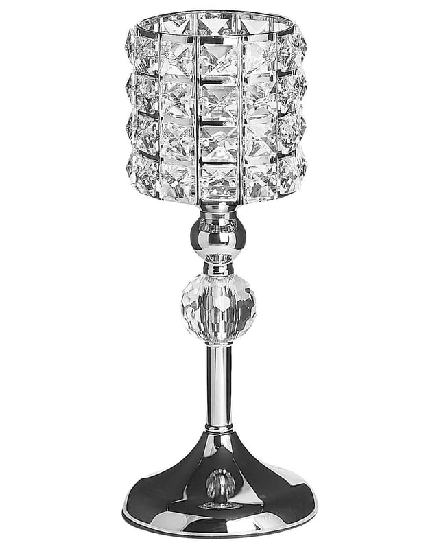 Kerzenständer Silber 13 X 33 Cm Glas Und Metall Hohe Glasschale Mit Dekorativen Kristallen Glamour