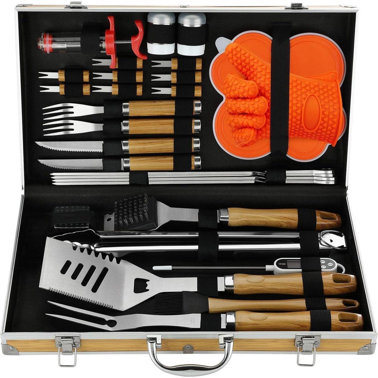 30-teiliges Edelstahl Grillbesteck Set Mit Koffer Und Burgerformen