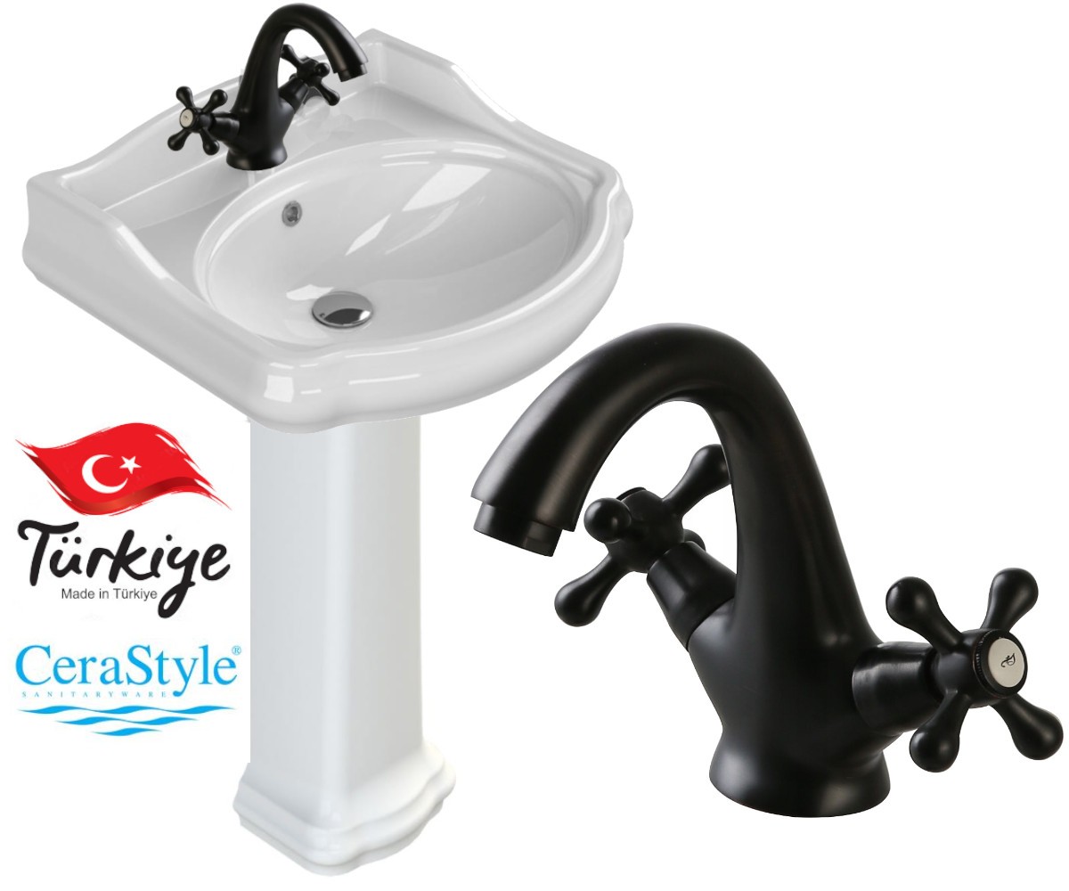 Standwaschbecken Mit Armatur Keramik, Weiß Retro 60x54 Cm