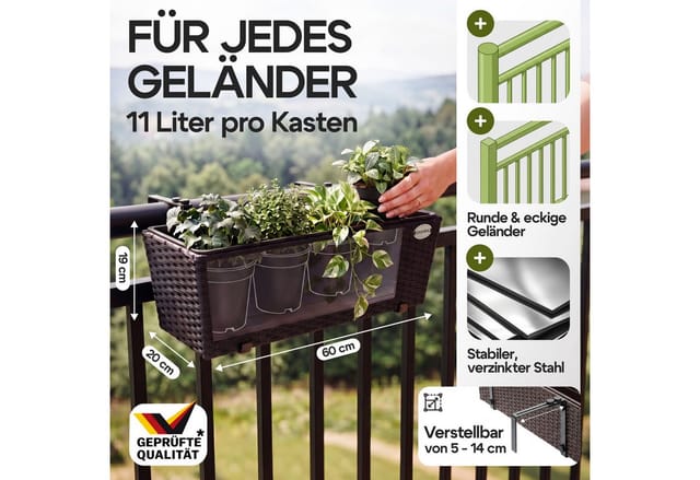 Blumenkasten Balkonkasten Pflanzkasten 11 Liter Montagehalterung Polyrattan Indoor Outdoor Geländerkasten Braun - Casaria