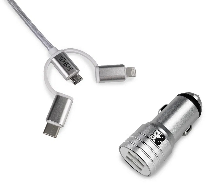 Subblim Autoladegerät 2xusb Dual Car Ladegerät Alum 2.4a + Kabel 3 In 1 Silver