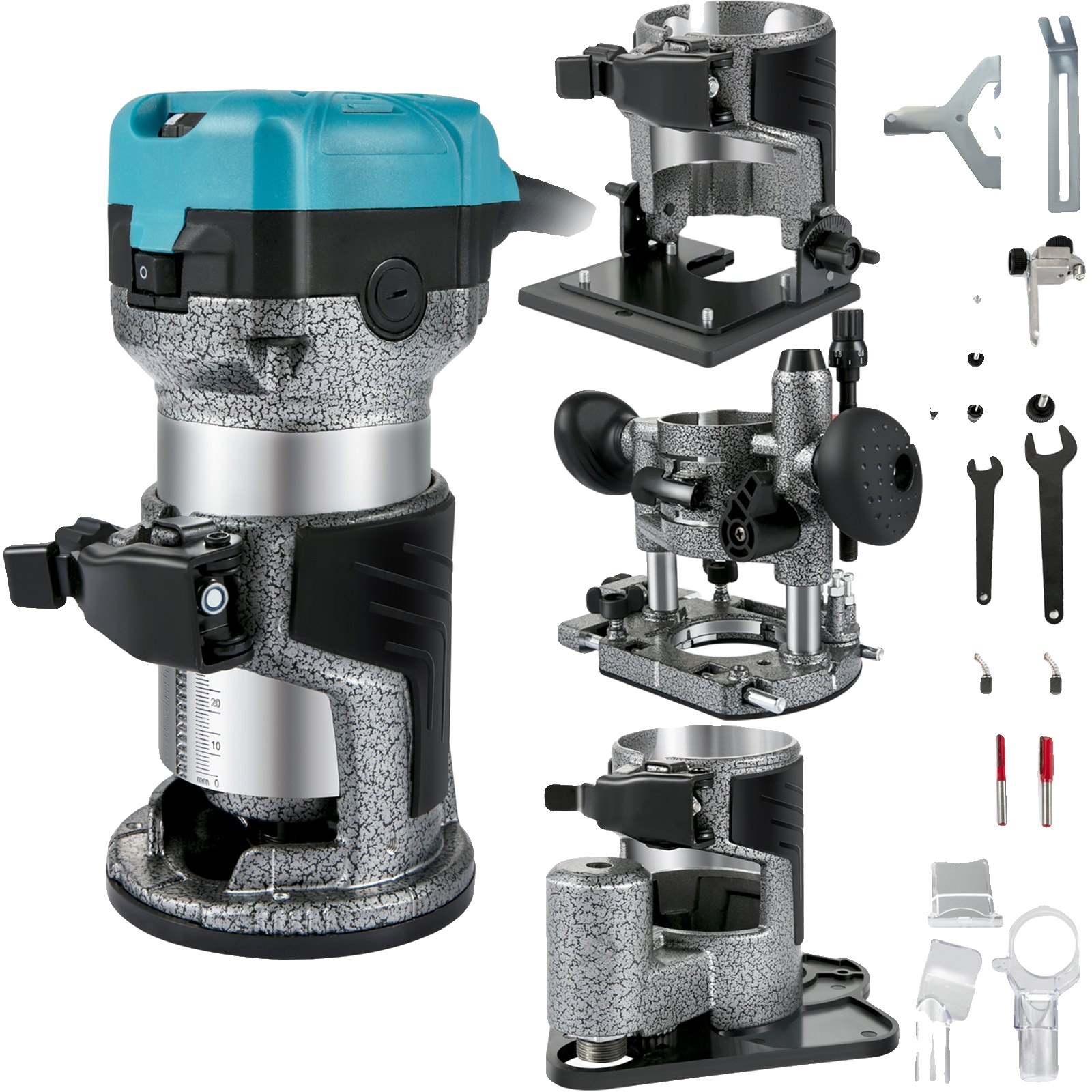 Vevor Oberfräse, 710 W, 3 Spannzangen, Fester/tauch-/neigbarer Sockel, Aluminium, Drehzahl 13.000–33.000 U/min, 4