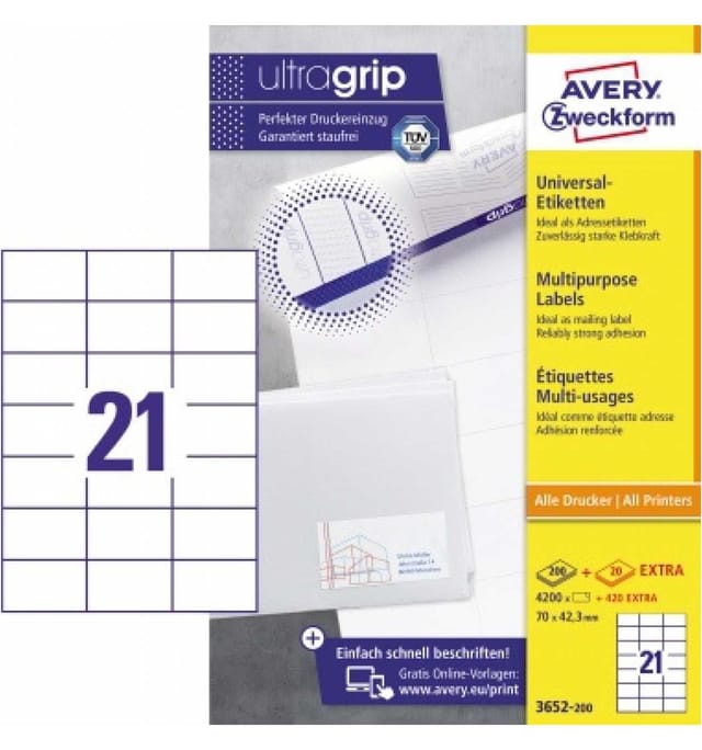 Avery Zweckform - Universaletikett Ultragrip 70 X 42,3 Mm (b X H) Nicht Wieder Ablösbar Papier Weiß 4.620 Etik./pack.