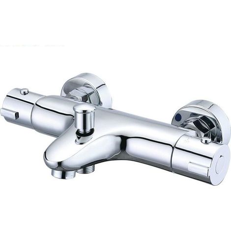 Thermostatischer Duschmischer, Thermostatischer Badmischer Aus Messing, Badarmatur Mit Sicherheitsabschaltung Bei 38 °c, Wandmontierter Duschmischer Mit Zwei Ausgängen, 150 Mm Achsabstand, Silber