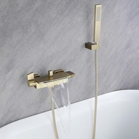 Wandmontierter Wasserfall-effekt-badewannen-mischbatterie, Badewannen-wasserhahn, Wandmontierter Wasserfall-effekt-duschkopf, Warm-/kaltwasser-badewannen-wasserhahn (gebürstetes Gold)