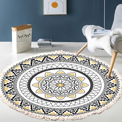 Tiamu Mandala-wohnzimmerteppich Aus Baumwolle, Vintage-bohemien-stil, Runder Quastenteppich Für Schlafzimmer, Maschinenwaschbar, Badematte Mit Ethnischem Muster Für Balkon Oder Couchtisch (60 Cm) –
