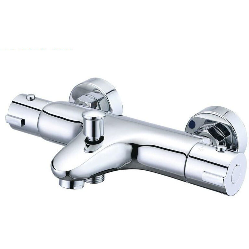Thermostatische Brausebatterie, Thermostatische Wannenbatterie Aus Messing, Wannenarmatur Mit Sicherheitsabschaltung Bei 38°c, Wandmontierte Brausebatterie Mit Zwei Abgängen, Achsabstand 150 Mm, Silbe