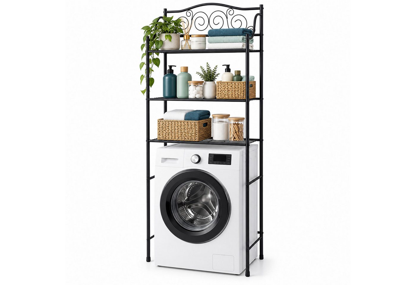 Relaxdays Waschmaschinenregal, 3 Ablagen, Metall, Regal Über Waschmaschine, Toilette, Hxbxt: 163 X 60 X 23 Cm, Schwarz