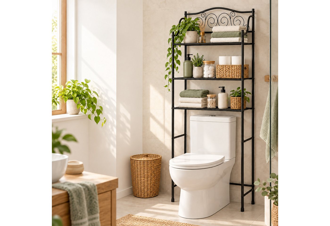 Relaxdays Waschmaschinenregal, 3 Ablagen, Metall, Regal Über Waschmaschine, Toilette, Hxbxt: 163 X 60 X 23 Cm, Schwarz Bild 3