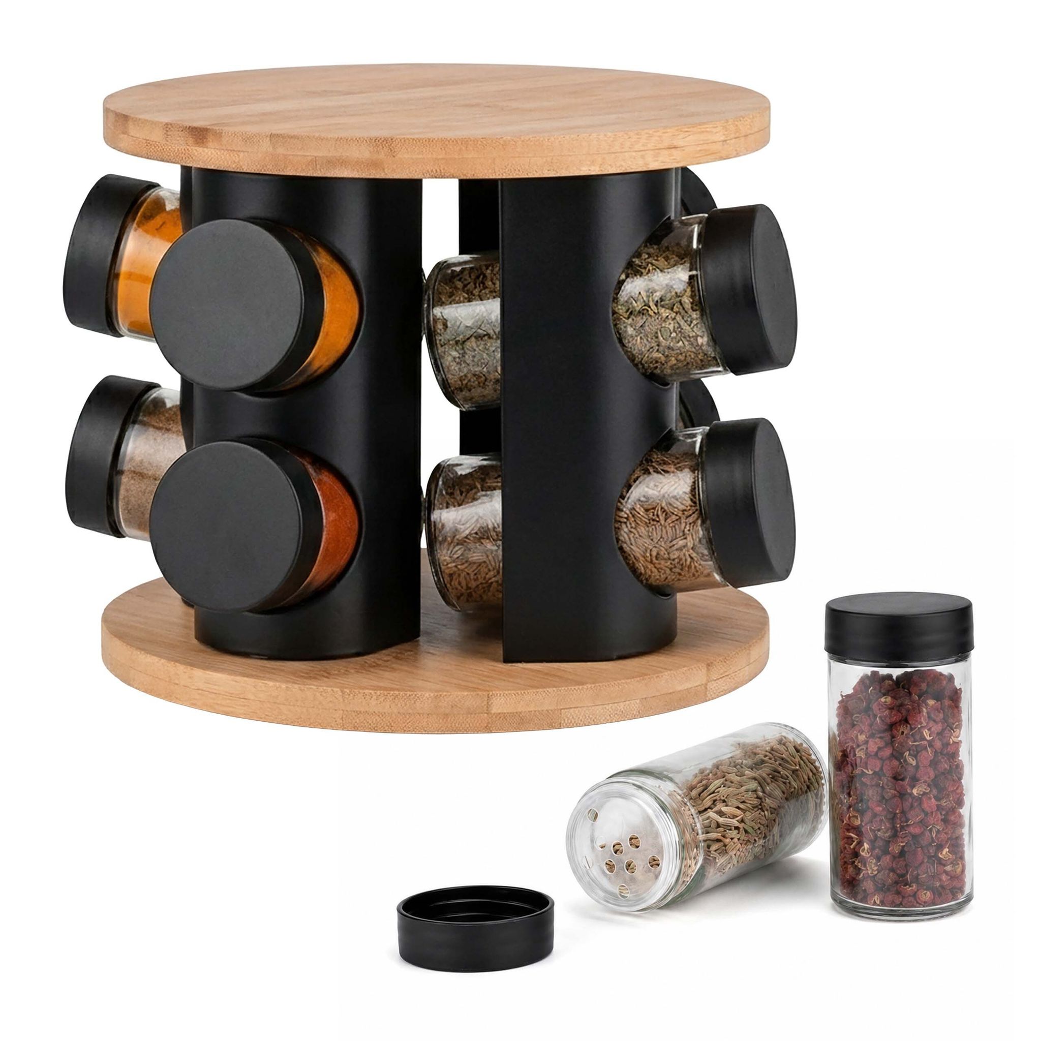 Relaxdays Gewürzkarussell, 8 Gläser, 360° Drehbarer Gewürzständer, Hd: 16x19,5 Cm, Bambus & Edelstahl, Natur/schwarz