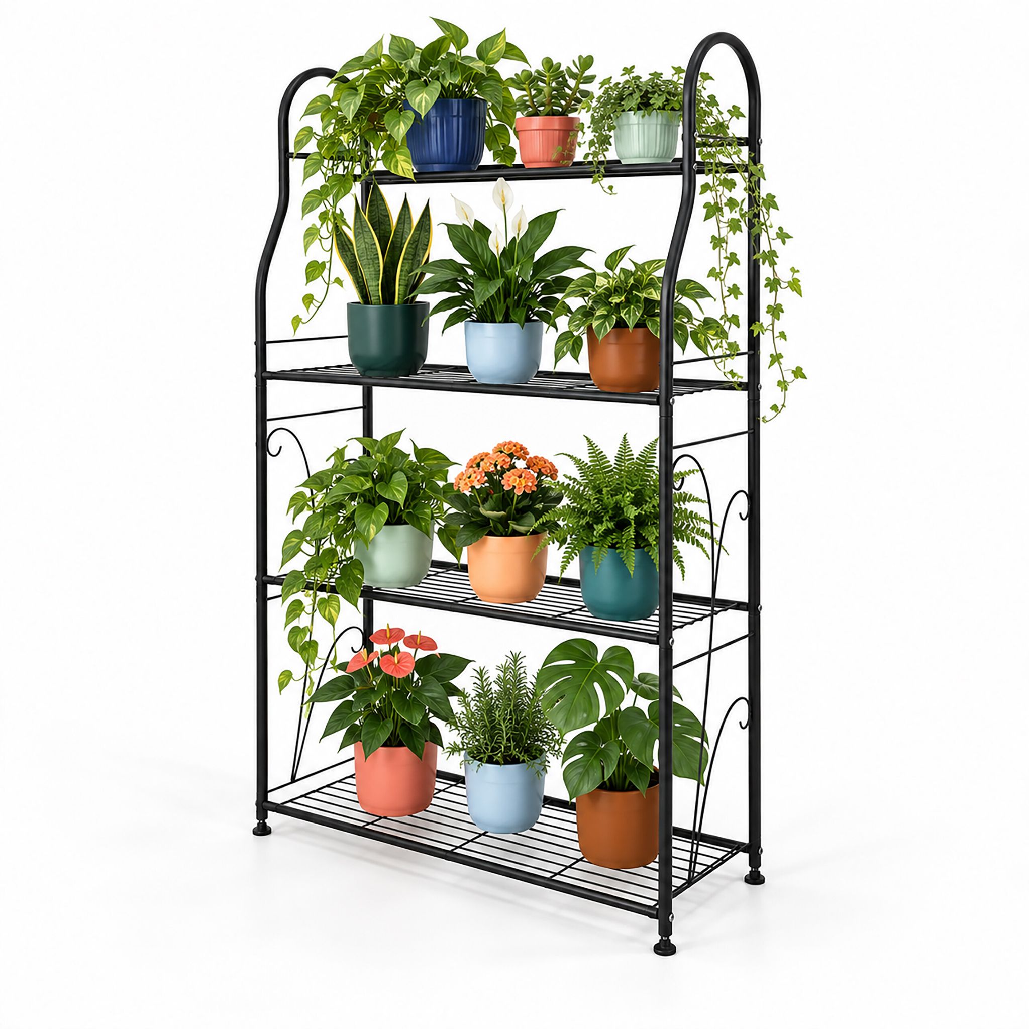 Relaxdays Blumenregal Mit 4 Ablagen, Hbt: 114 X 71 X 24,5 Cm, Blumen- & Pflanzentöpfe, Metall, Pflanzentreppe, Schwarz
