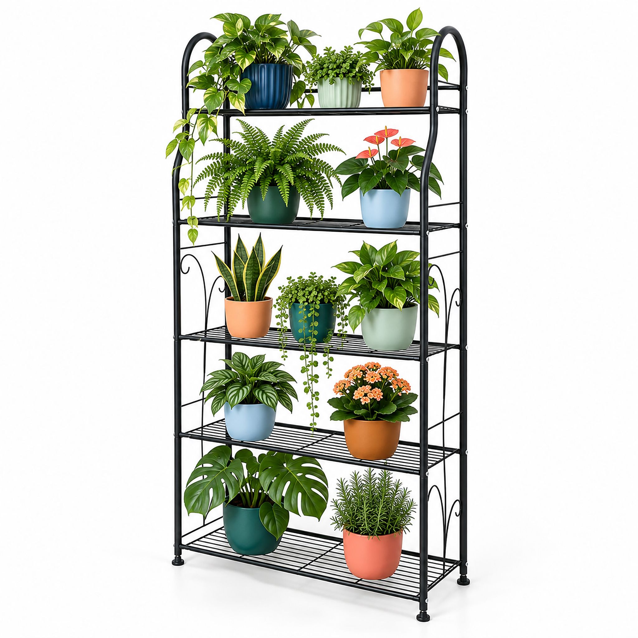 Relaxdays Blumenregal Mit 5 Ablagen, Hbt: 144 X 71 X 24,5 Cm, Blumen- & Pflanzentöpfe, Metall, Pflanzentreppe, Schwarz