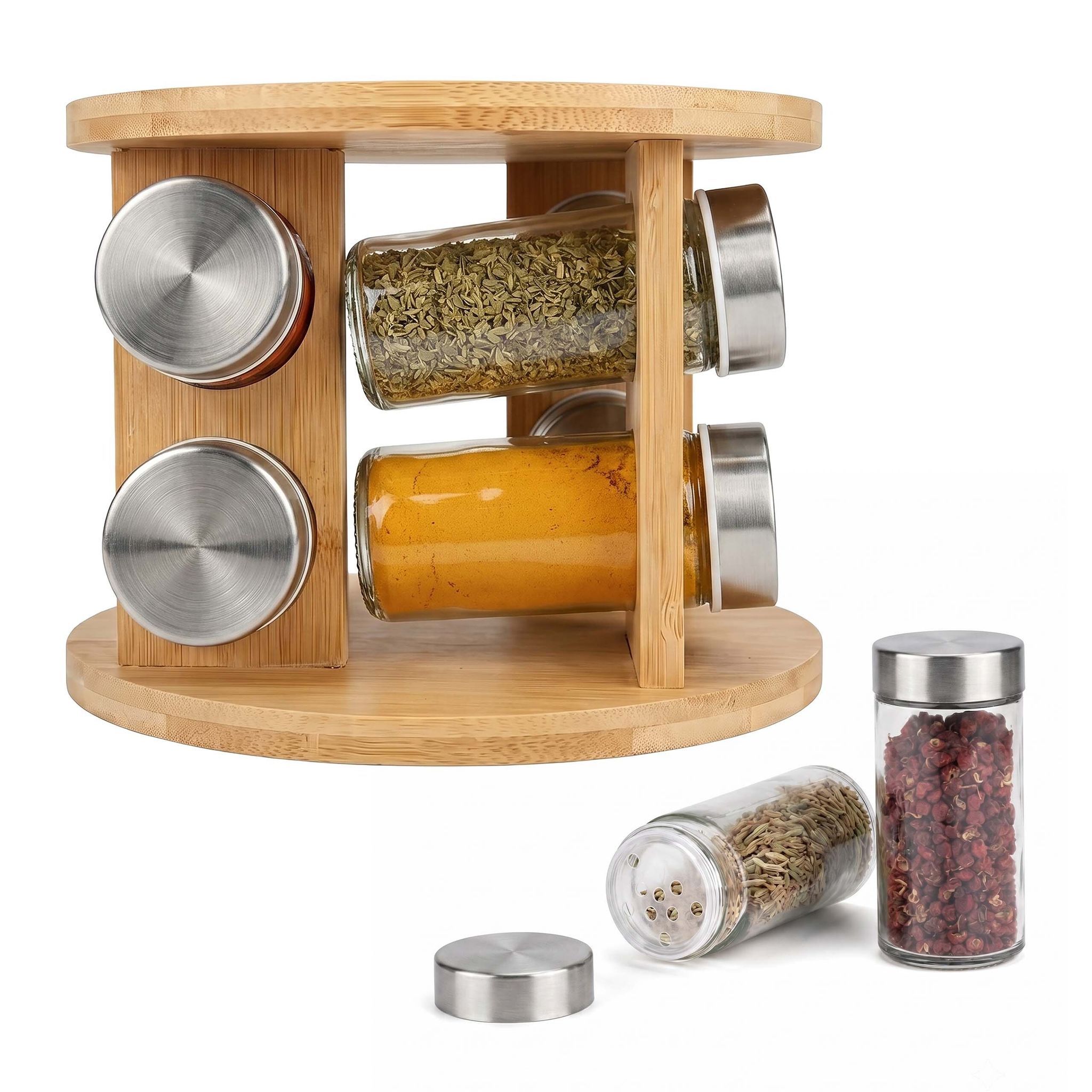 Relaxdays Gewürzkarussell, 8 Gewürzgläser, 360° Drehbarer Gewürzständer, H X D: 15 X 19 Cm, Bambus, Gewürzregal, Natur