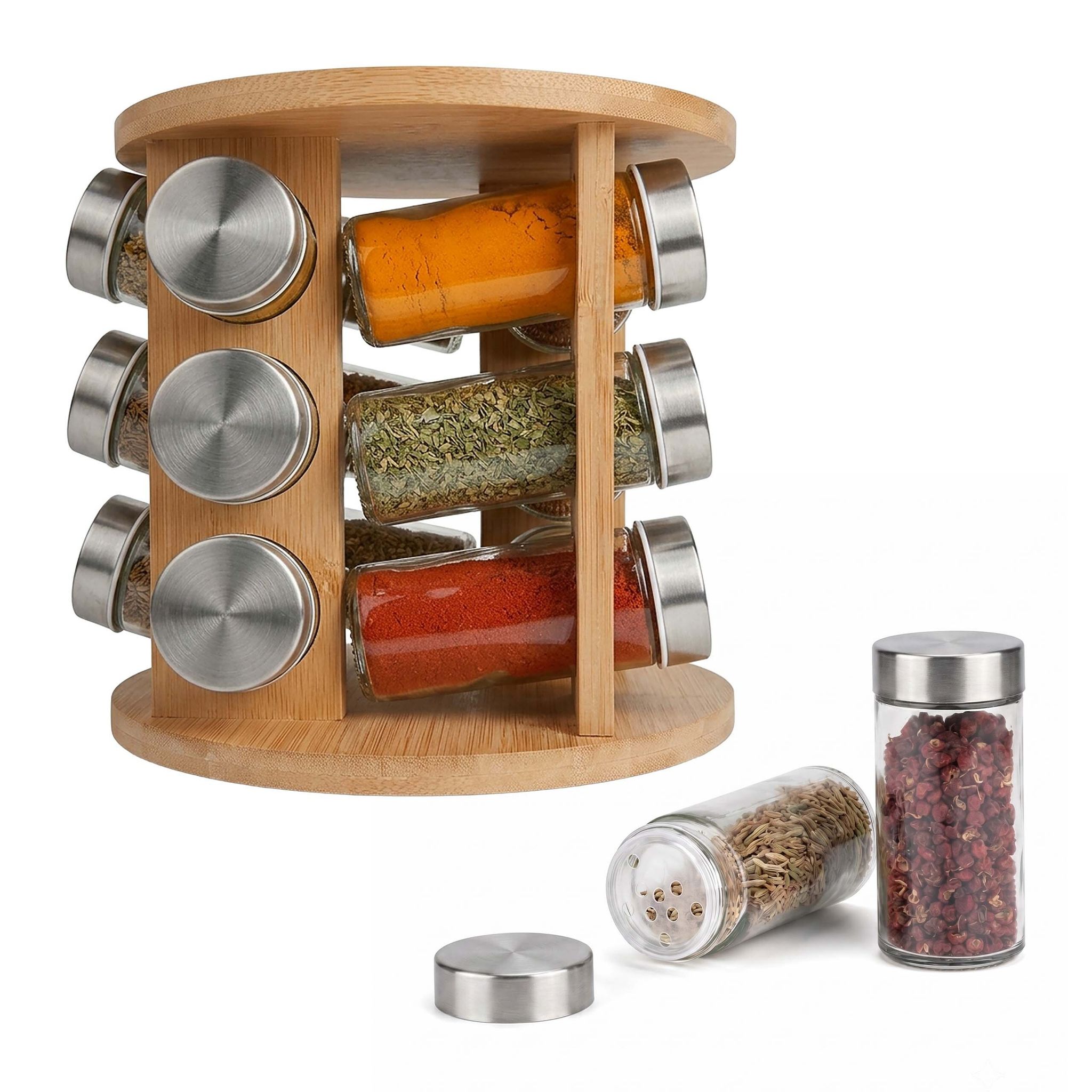 Relaxdays Gewürzkarussell, 12 Gewürzgläser, 360° Drehbarer Gewürzständer, H X D: 21 X 19 Cm, Bambus, Gewürzregal, Natur