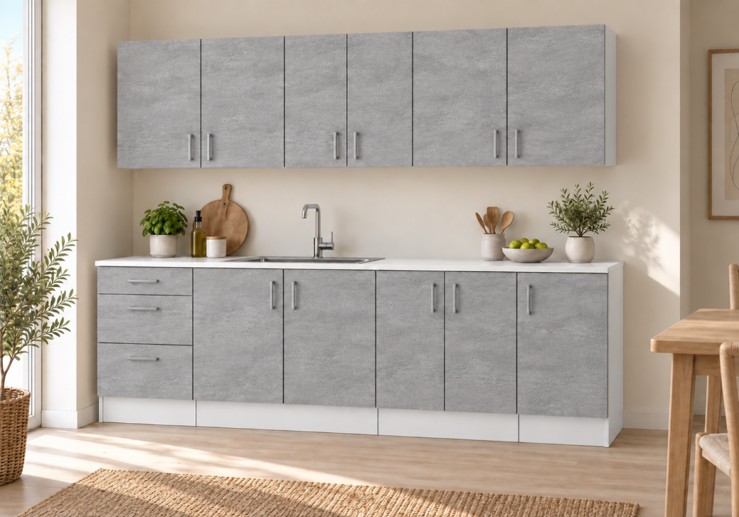 Küchenzeile 220 Cm, 7 Schränke, Betonoptik, Mit Arbeitsplatte