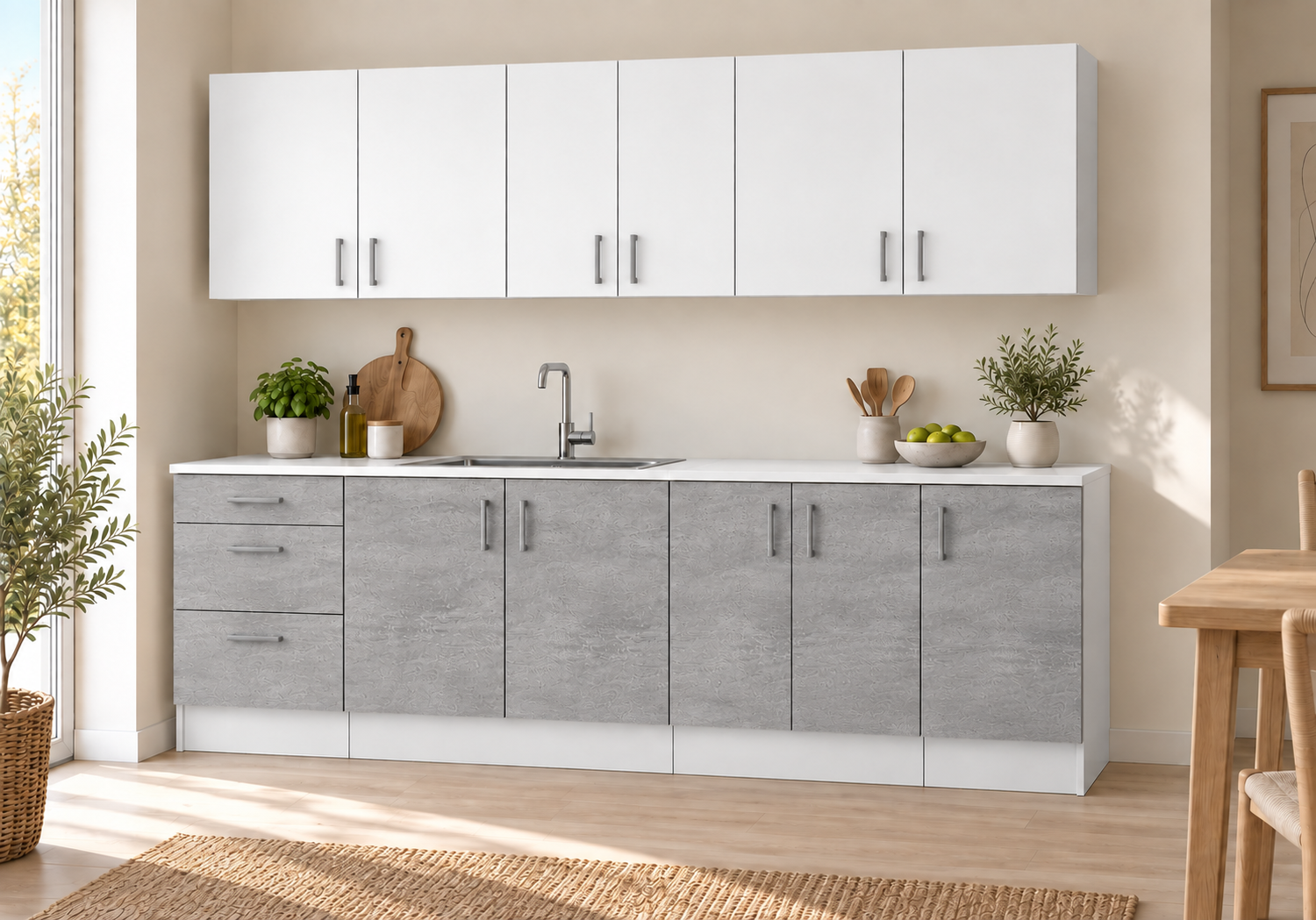 Küchenzeile 220 Cm, 7 Schränke, Betonoptik Unten / Weiß Matt Oben, Mit Arbeitsplatte