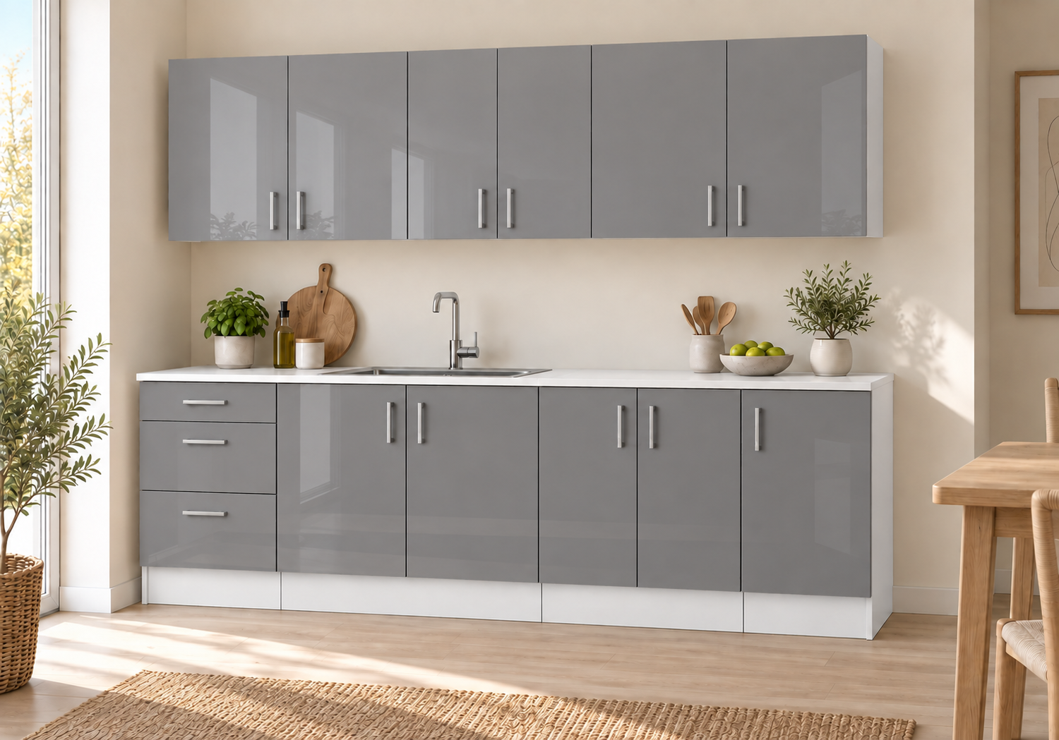 Küchenzeile 220 Cm, 7 Schränke, Grau Hochglanz, Mit Arbeitsplatte