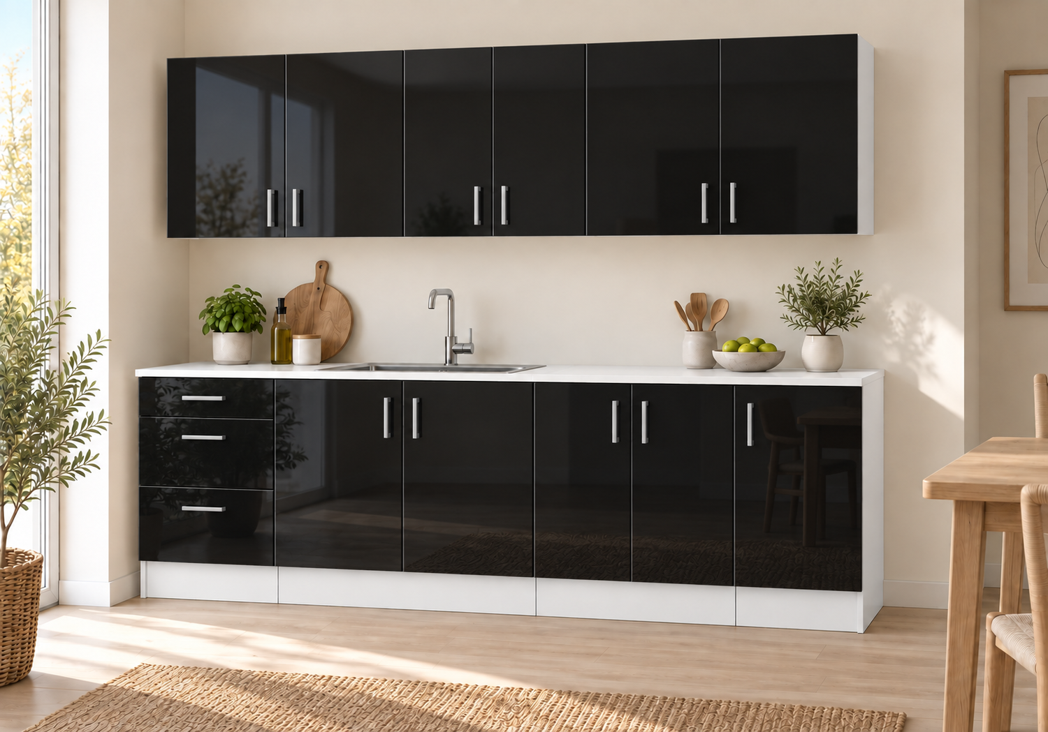 Küchenzeile 220 Cm, 7 Schränke, Schwarz Hochglanz, Mit Arbeitsplatte