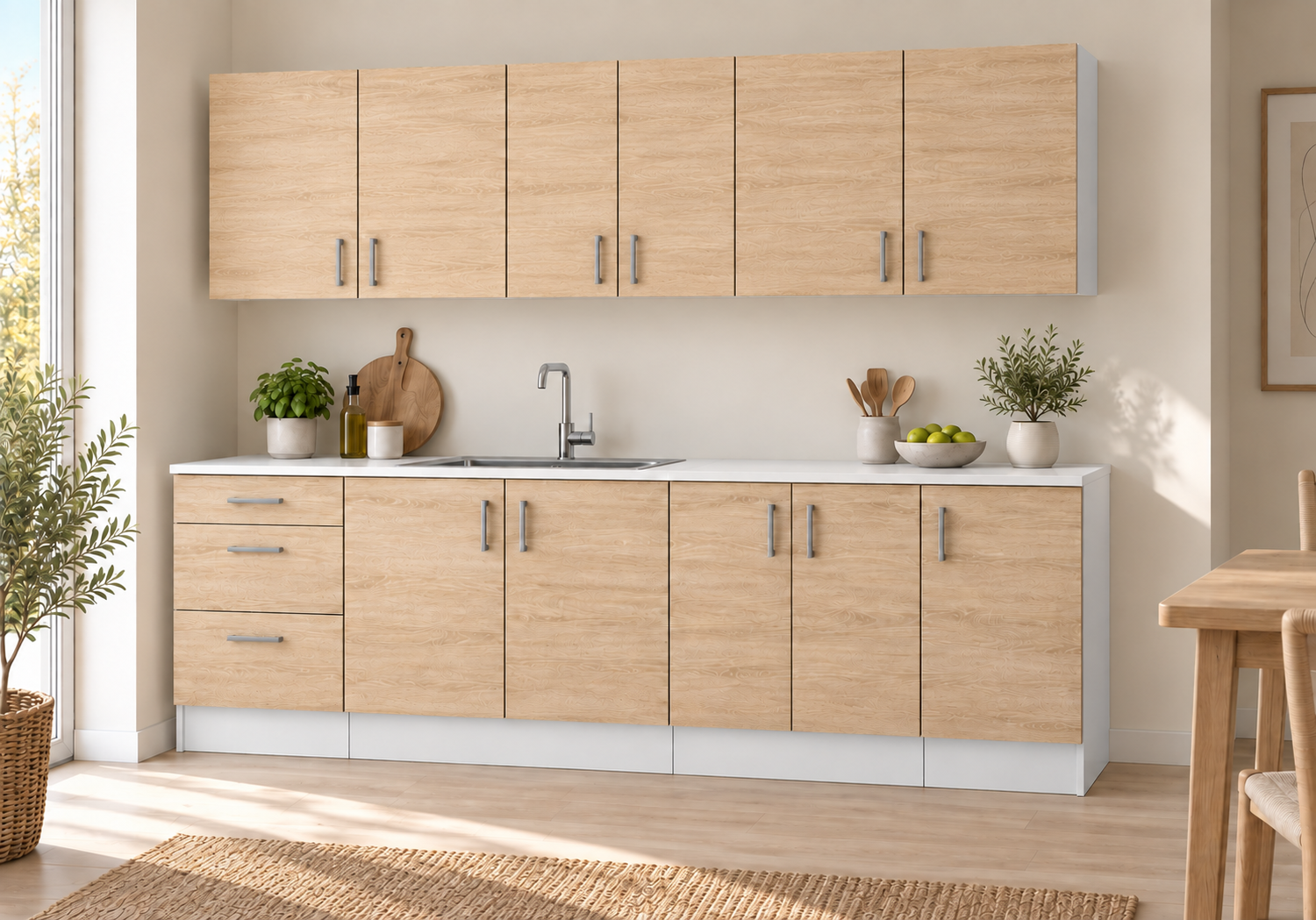 Küchenzeile 220 Cm, 7 Schränke, Sonoma Eiche Hell, Mit Arbeitsplatte