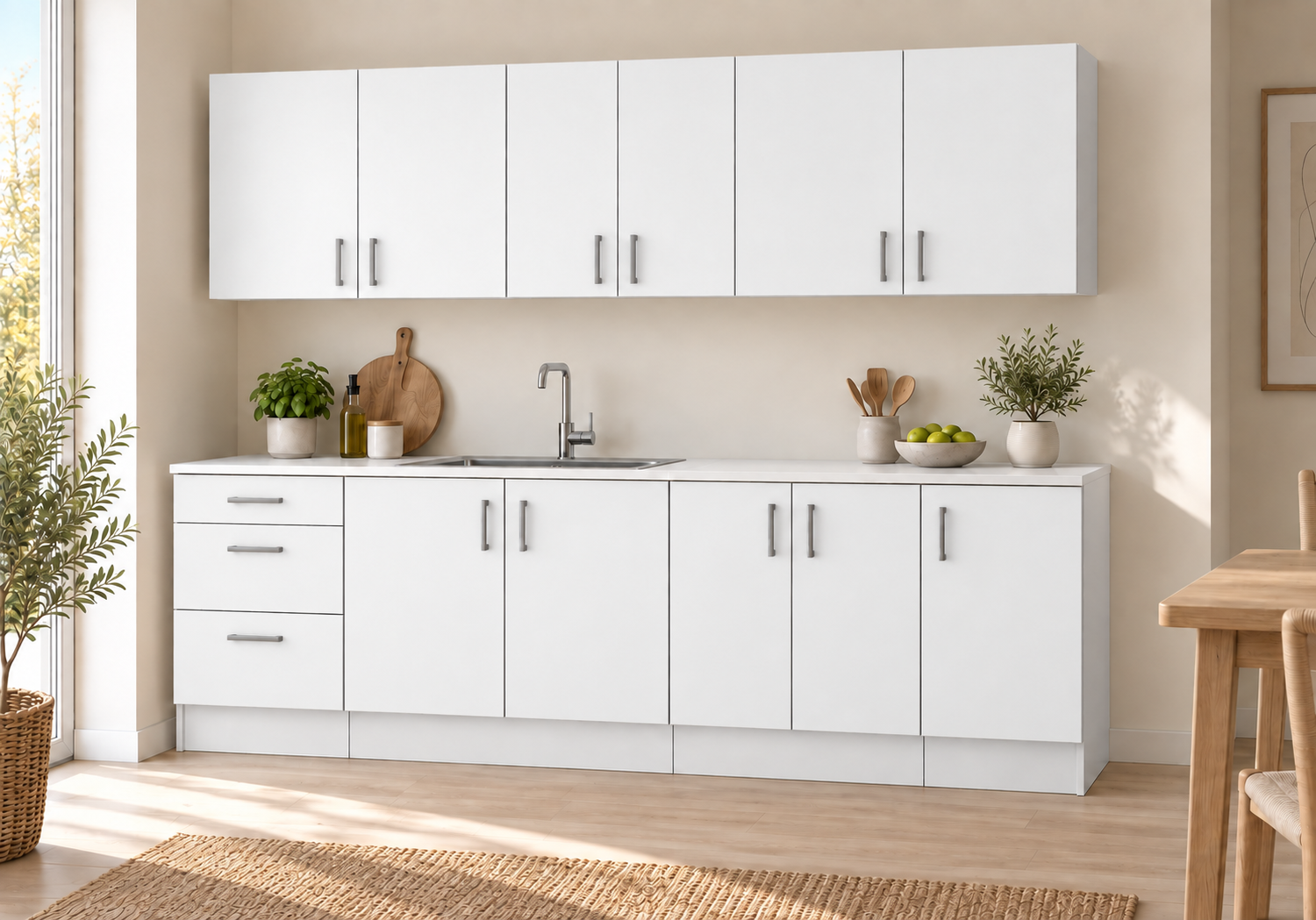 Küchenzeile 220 Cm, 7 Schränke, Weiß Matt, Ohne Arbeitsplatte