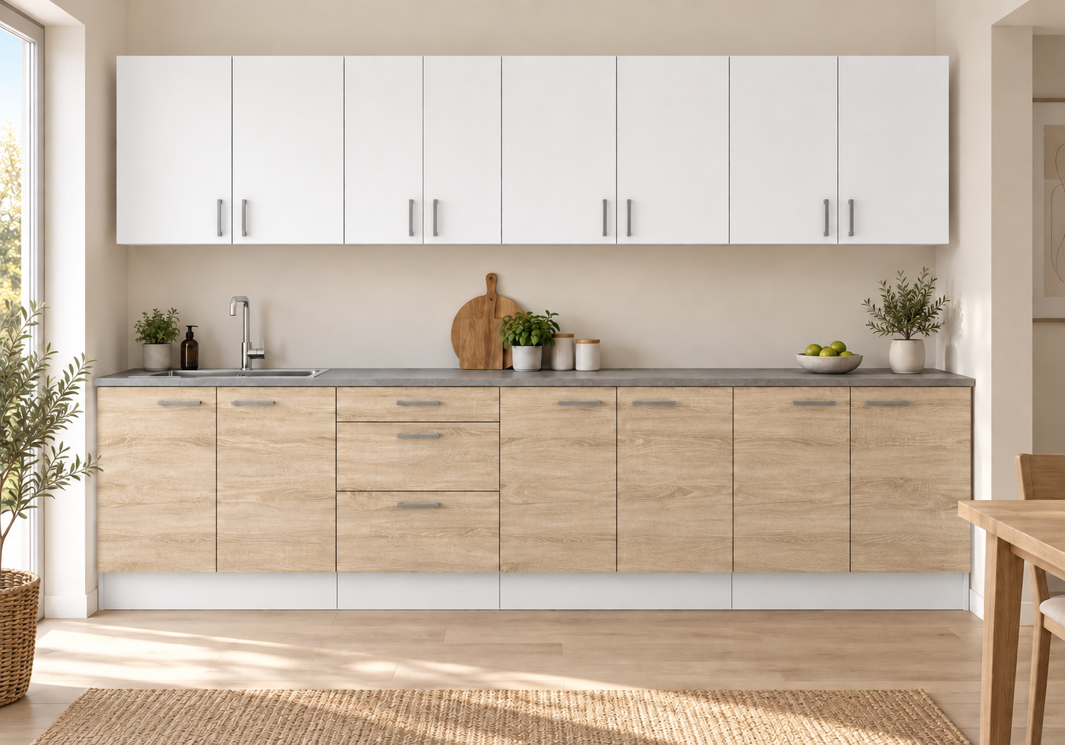Küchenzeile 300 Cm, 9 Schränke, Sonoma/weiß, Ohne Arbeitsplatte