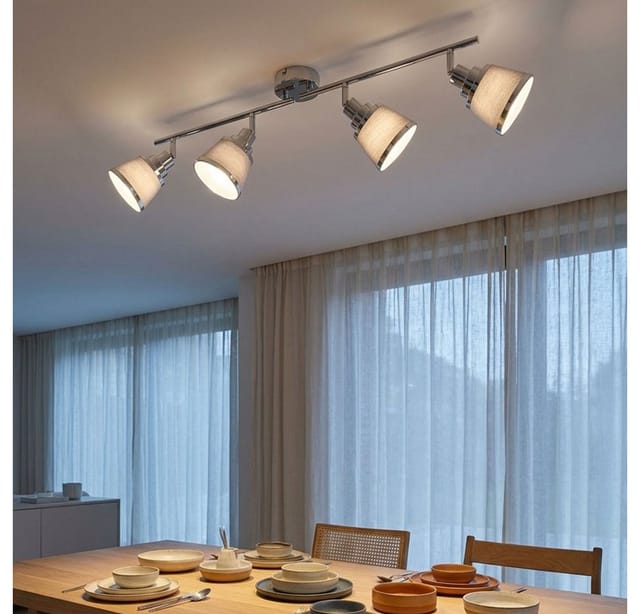Deckenlampe Deckenstrahler Spotleiste Schlafzimmerleuchte, Verstellbar, Metall Textil, Chrom, Grau, 4-flammig, E14 Fassungen, Lxbxh 72,5x11,3x21,5cm