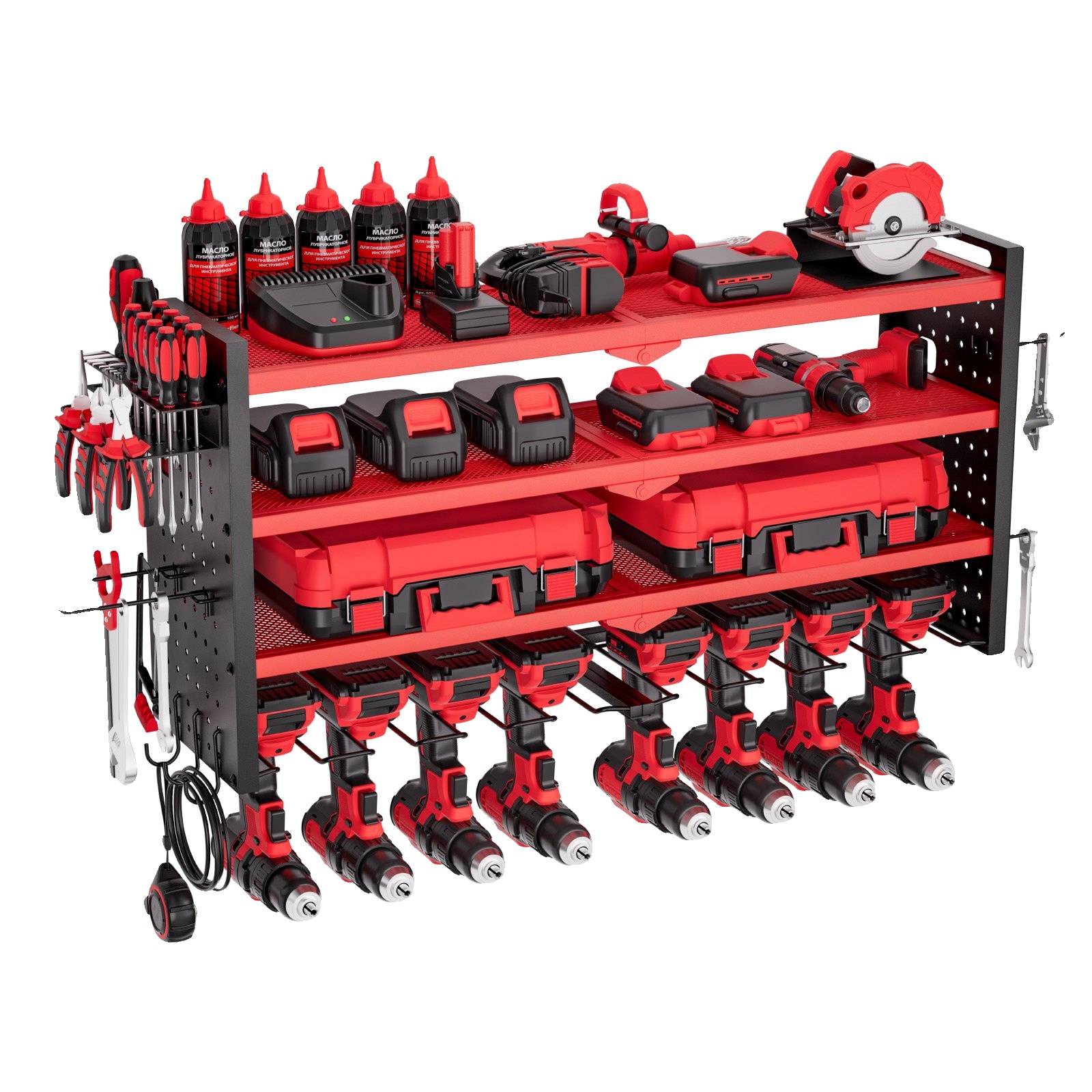 Vevor Wand-werkzeugorganizer, 4-stufiges Regal, 4 Bohrmaschinenhalter, Rot, 8 Steckplätze, Rot