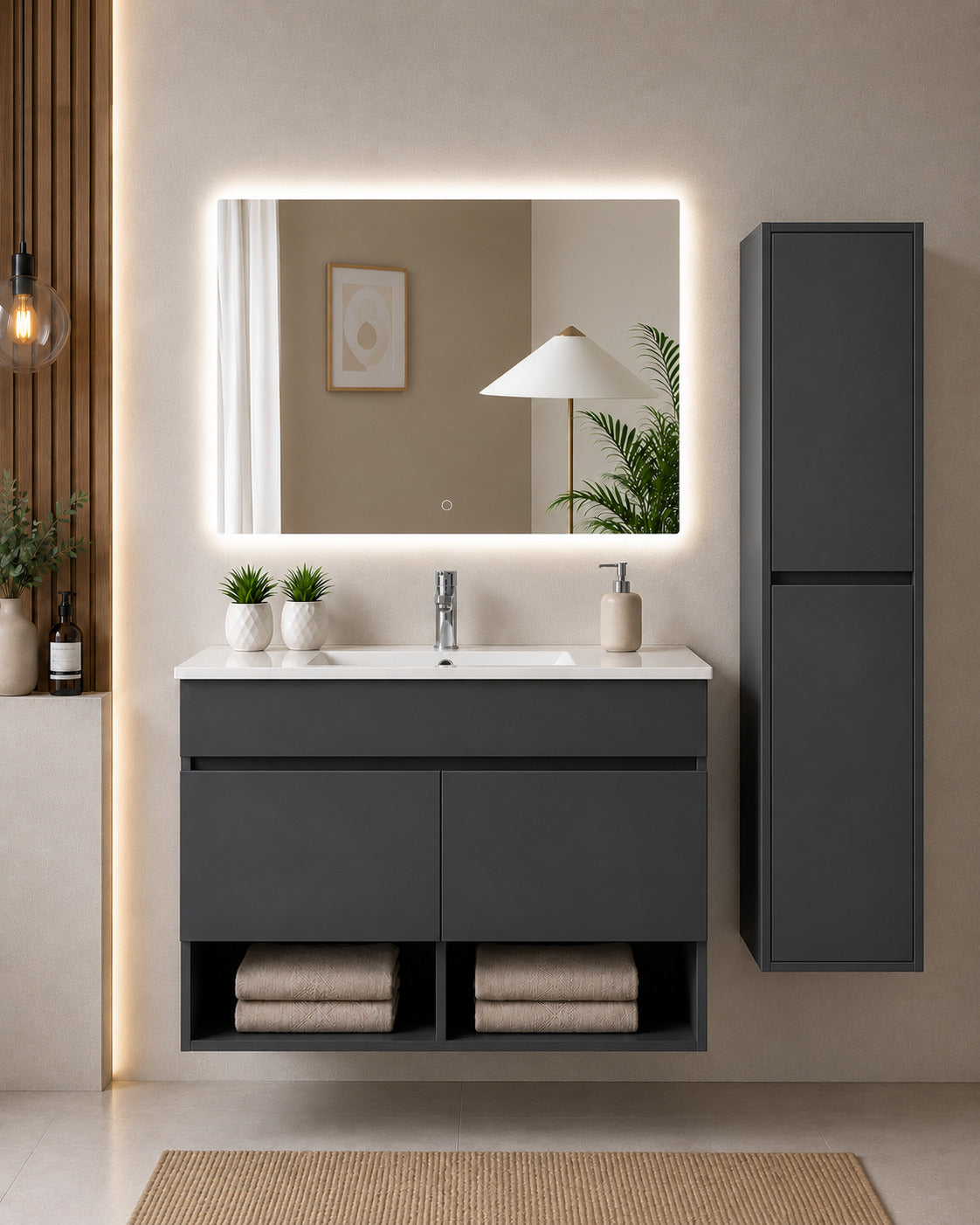 Badmöbel Hängend Mit Waschbecken Extra Flach Origenbath Nebari Mit Türen Ohne Spiegel 100x45 Cm Graphit Mit Säule